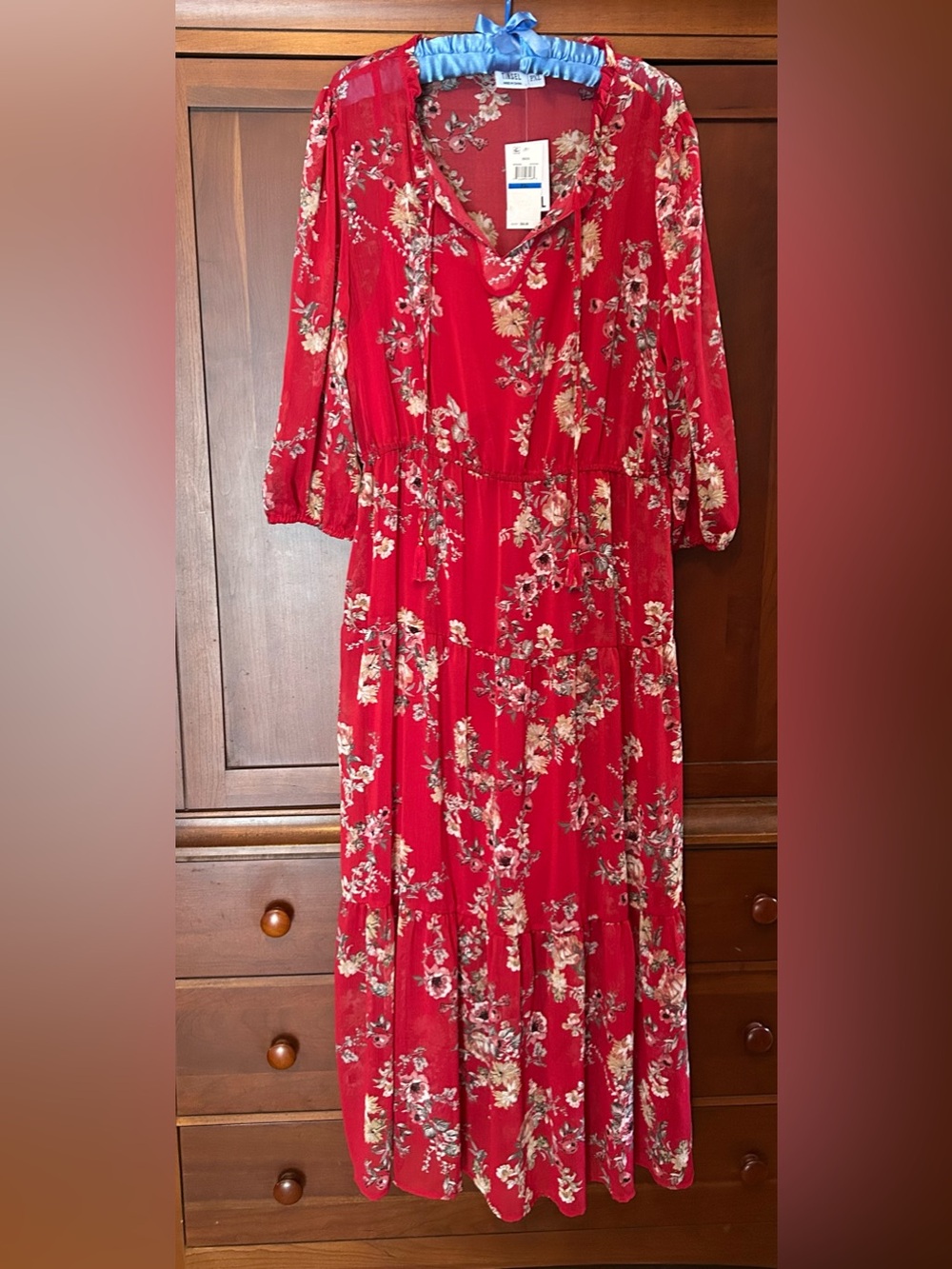 Tinsel Red Floral Maxi Dress with Cream Accents NWT